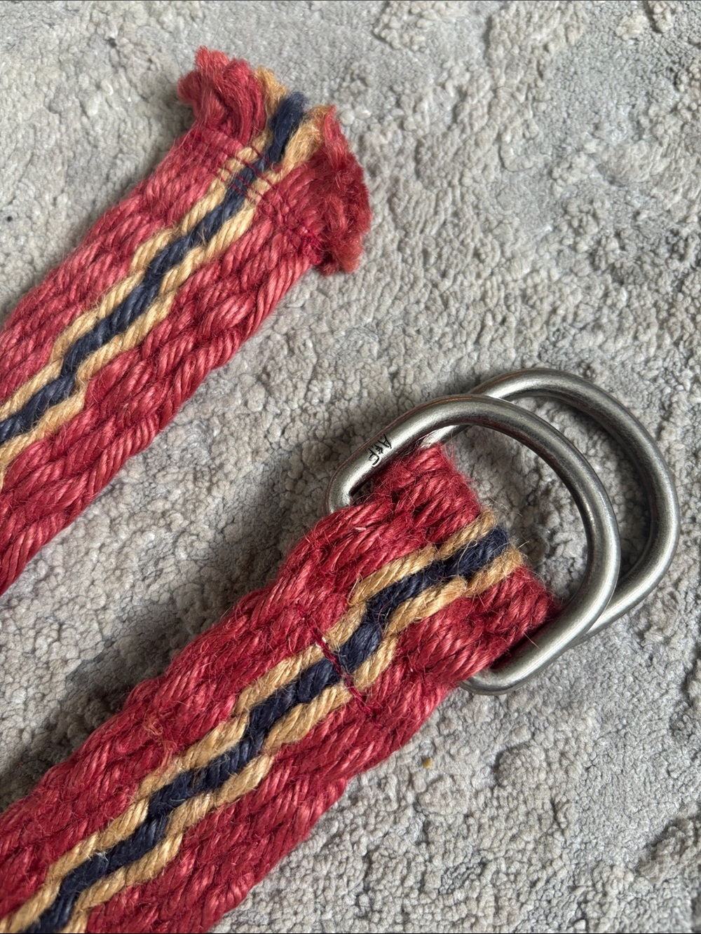 Y2K Abercrombie & Fitch Red Woven D-Ring Belt with Navy and Tan Stripes